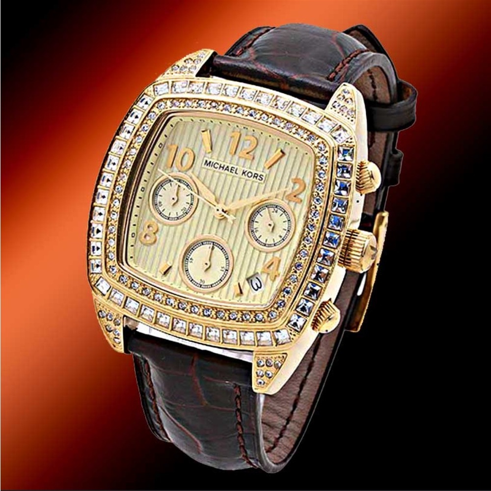Michael Kors MK 5106 Gold Bling Watch with Genuine Leather Brown Band